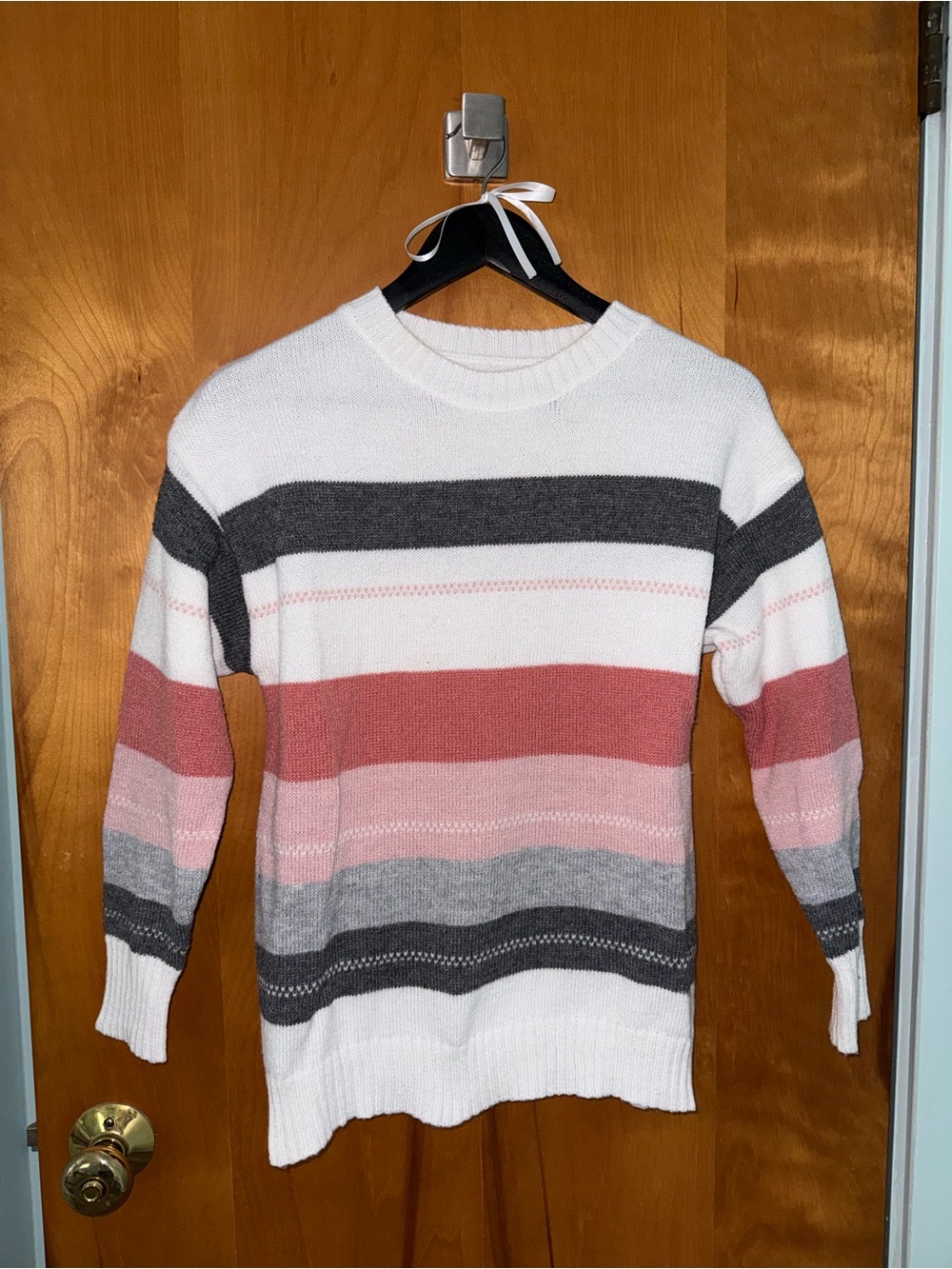 Striped Crewneck Sweater in White, Pink and Gray